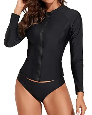 2 Piece Rash Guard For Women Zip Front Long Sleeve Swimsuit-Black