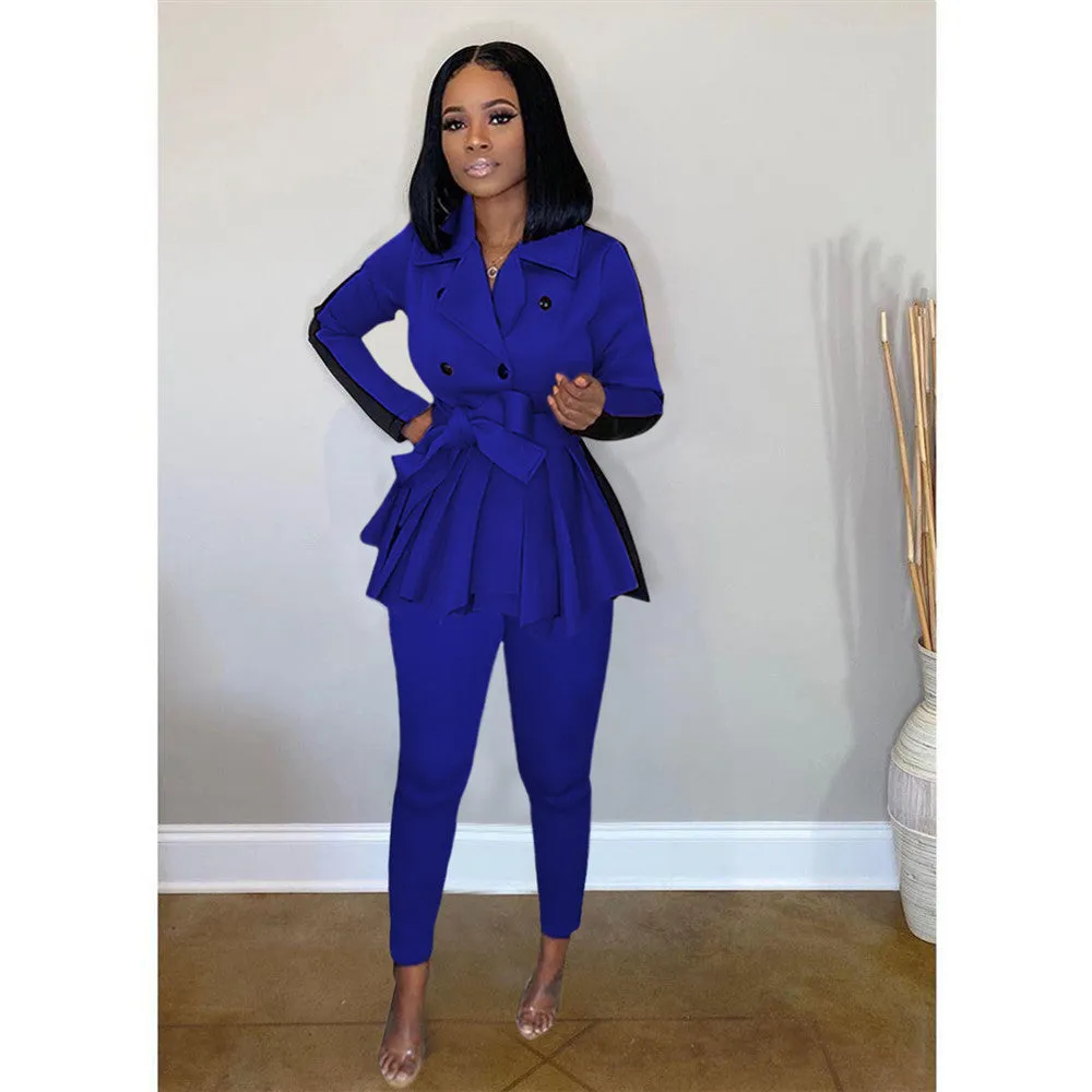 2XL 2 Piece Patchwork Ruffle Office Suit Blazer w/ Pencil Pants Plus Size Women