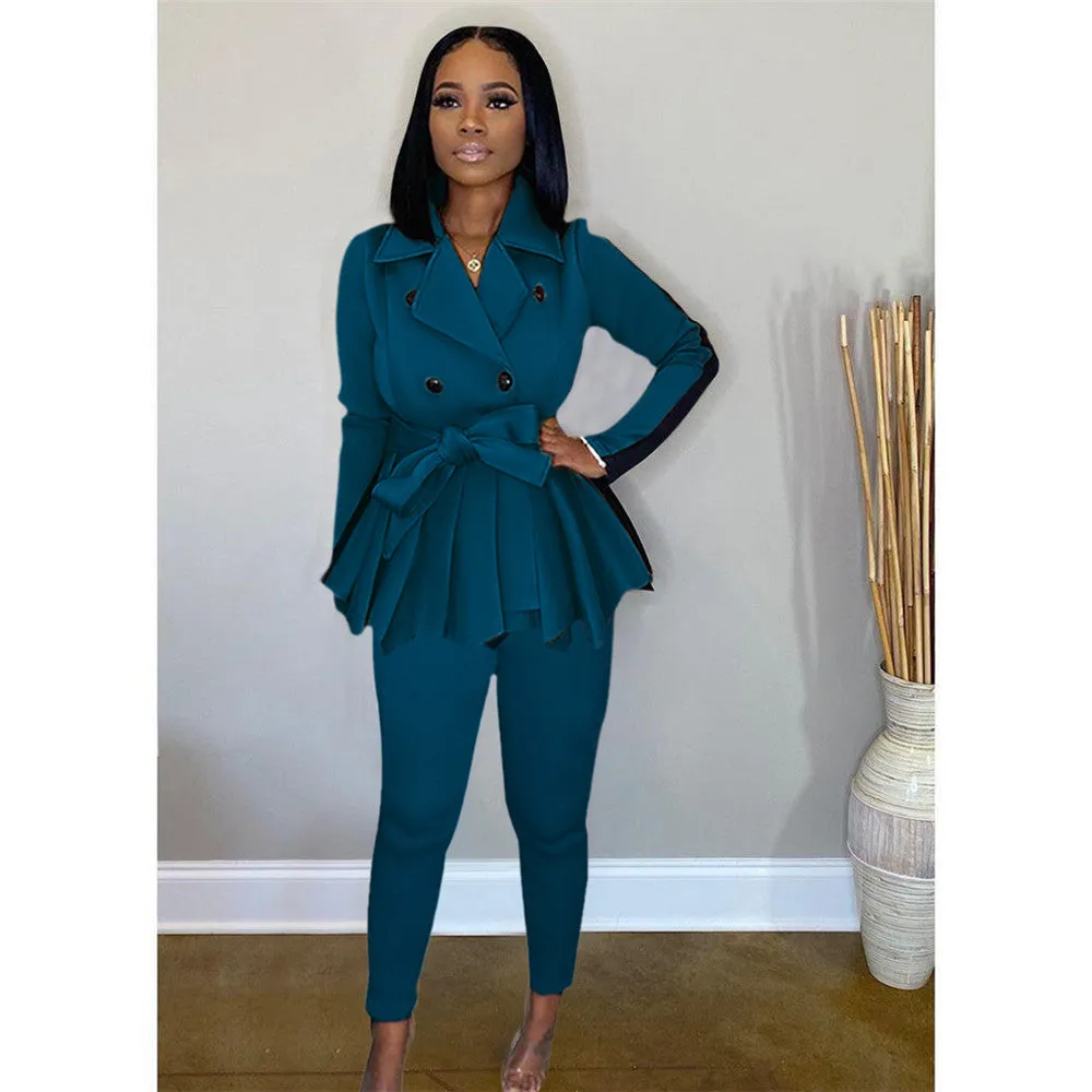 2XL 2 Piece Patchwork Ruffle Office Suit Blazer w/ Pencil Pants Plus Size Women