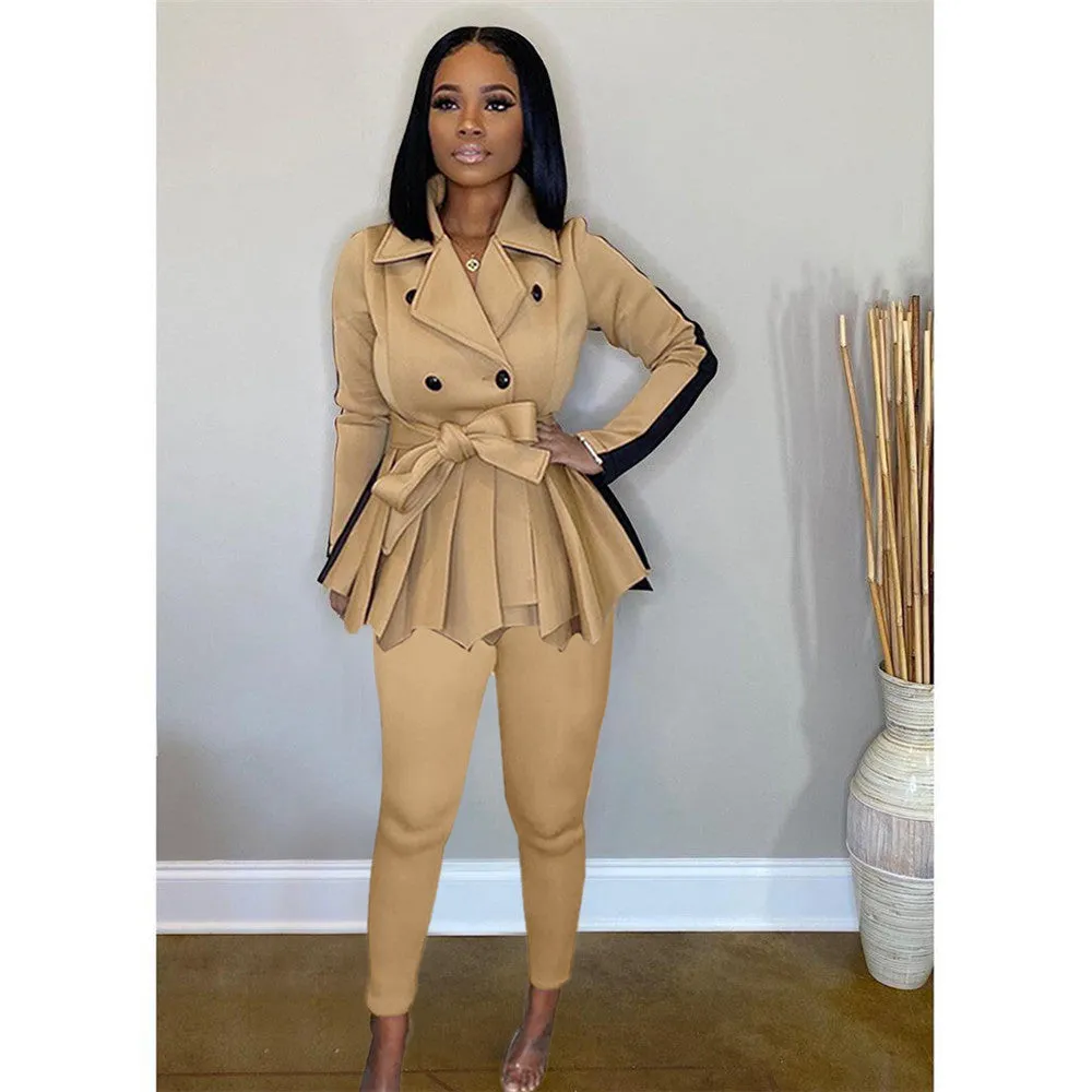2XL 2 Piece Patchwork Ruffle Office Suit Blazer w/ Pencil Pants Plus Size Women