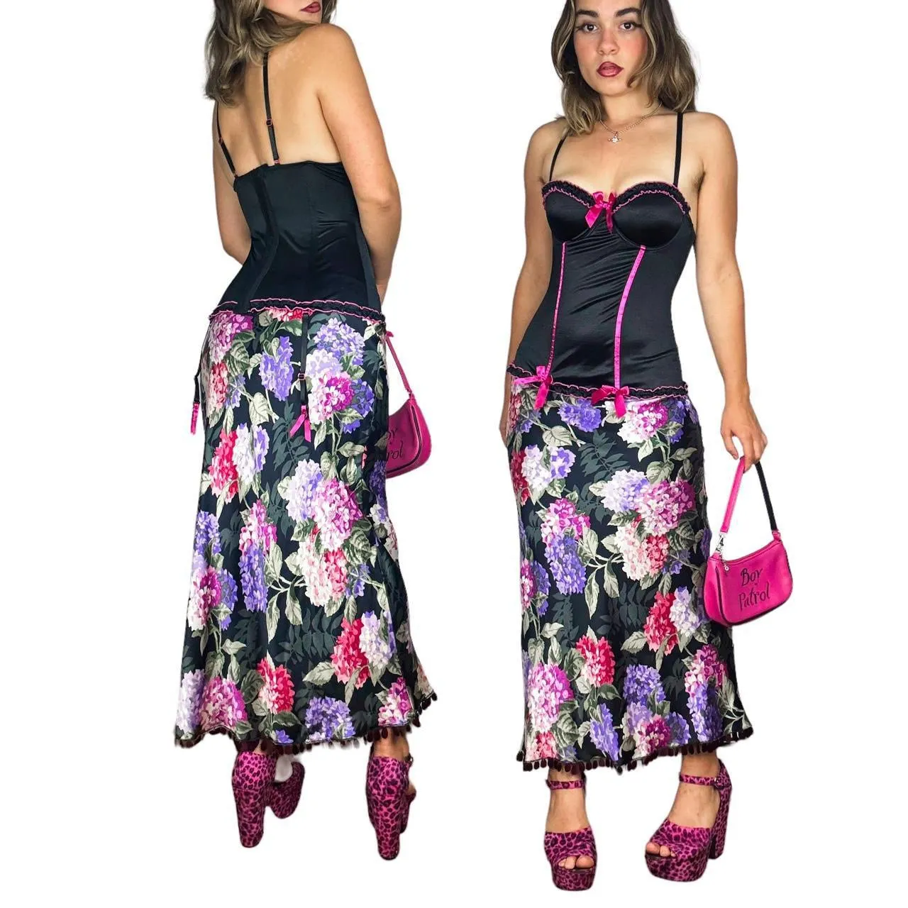 90s Sequined Silk Hydrangea Maxi Skirt (S)