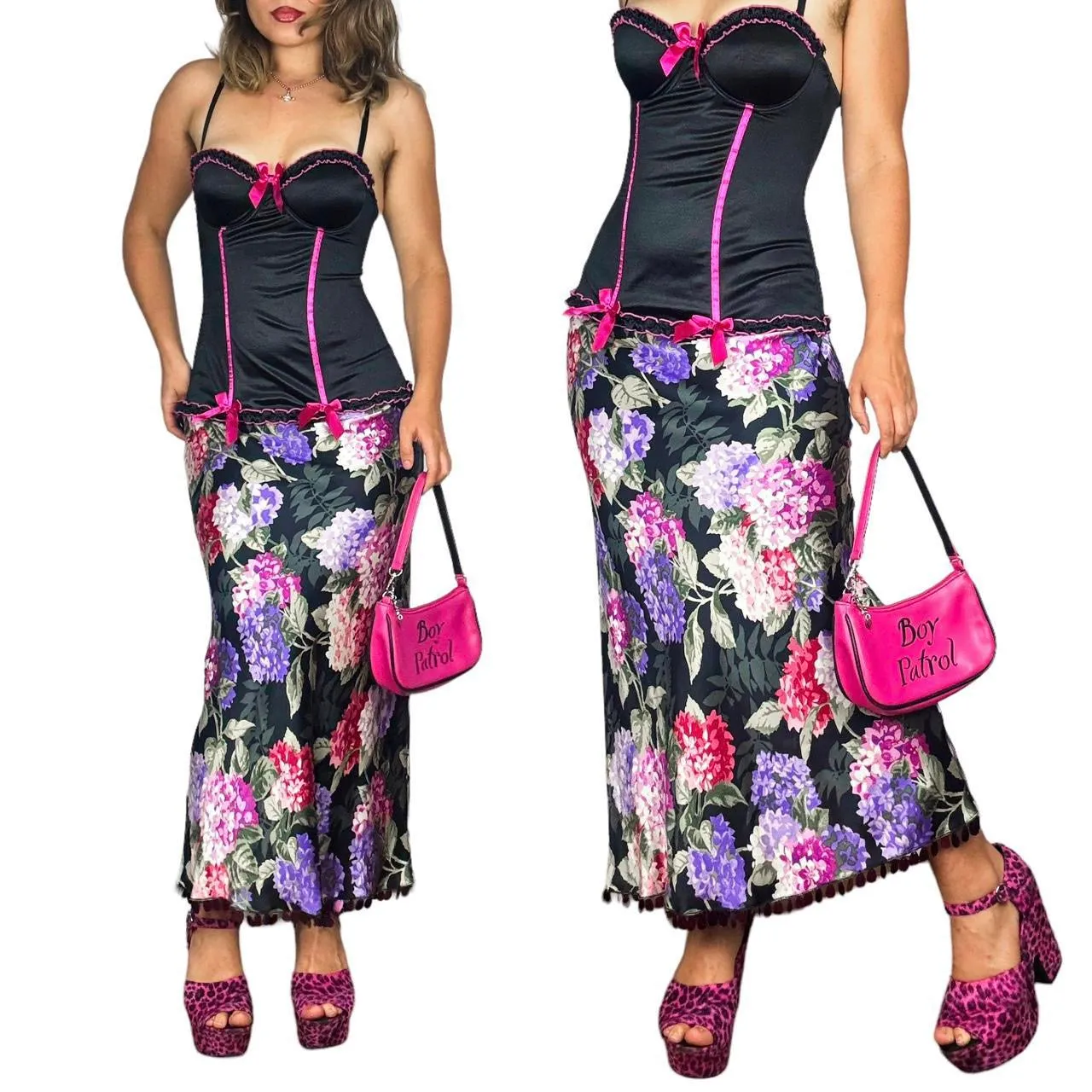 90s Sequined Silk Hydrangea Maxi Skirt (S)
