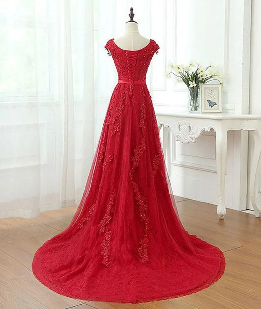 A Line Cap Sleeves Burgundy Lace Long Prom Dress with Appliques, Burgundy Formal Dress, Burgundy Evening Dress M3253