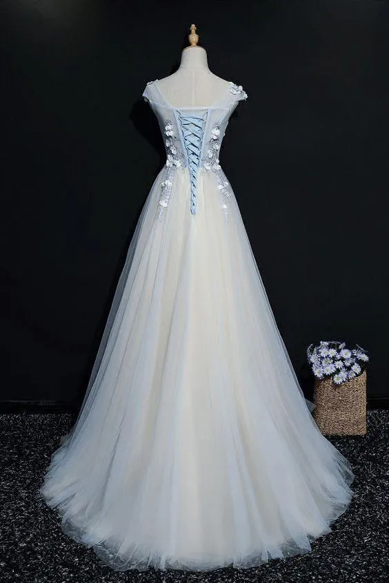 A Line Cap Sleeves Tulle Prom Dress, Floor Length Appliqued Evening Dress with Flowers M1489
