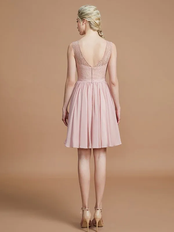 A-Line V-neck Sleeveless With Lace Short/Mini Chiffon Bridesmaid Dresses
