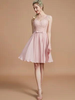 A-Line V-neck Sleeveless With Lace Short/Mini Chiffon Bridesmaid Dresses