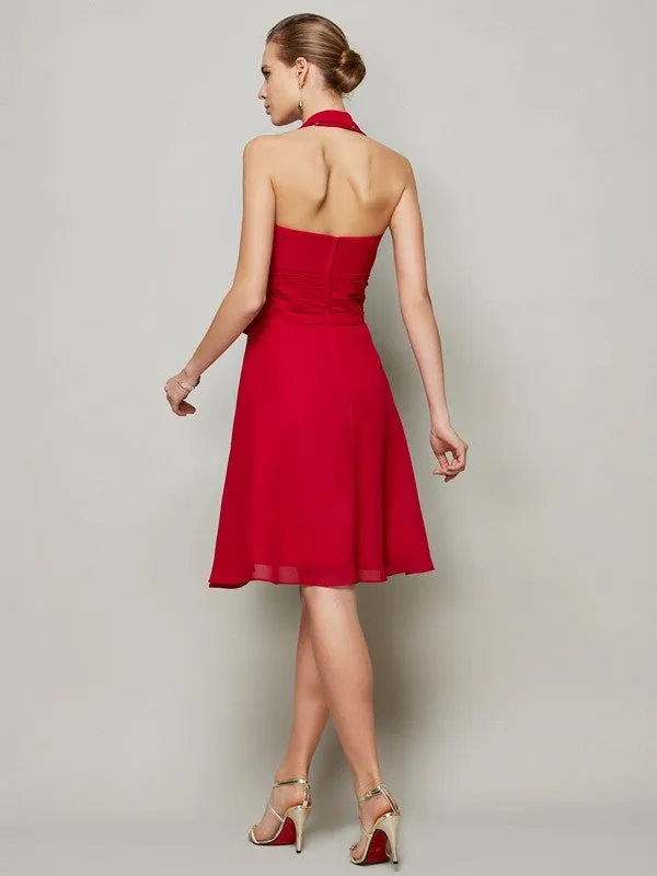 A-Line/Princess Halter Sleeveless Pleats Bowknot Short Chiffon Bridesmaid Dresses