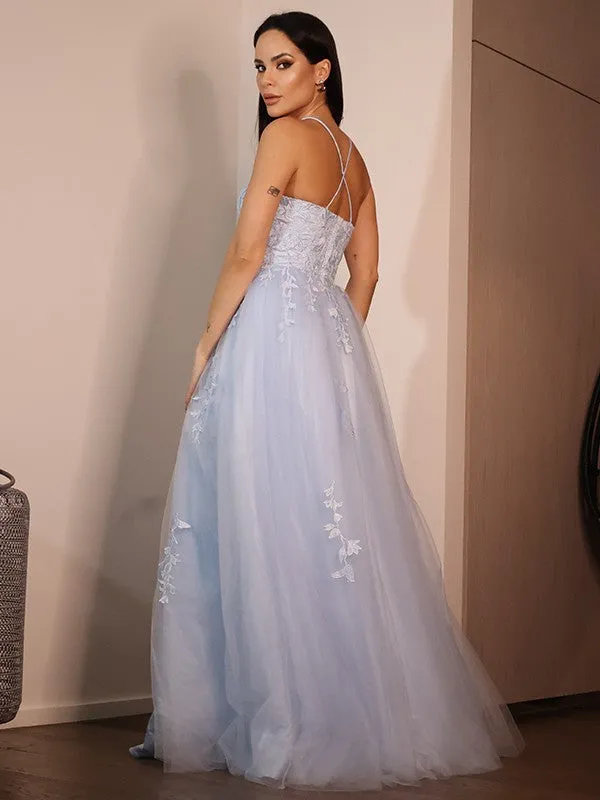 A-Line/Princess Lace Ruffles Spaghetti Straps Sleeveless Floor-Length Dresses