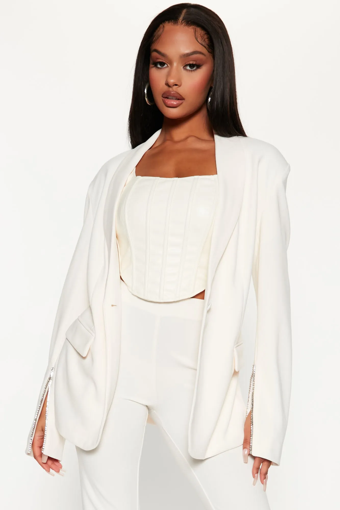 Alyssa Rhinestone Blazer Pant Set - Cream