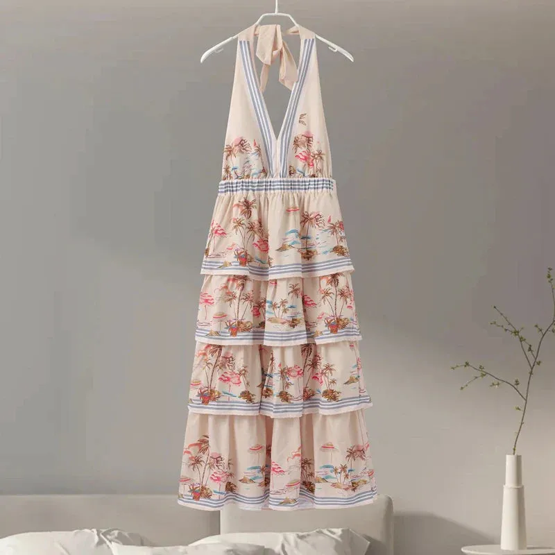 Backless Maxi Dress with Tiered Ruffles for Summer Nuptials