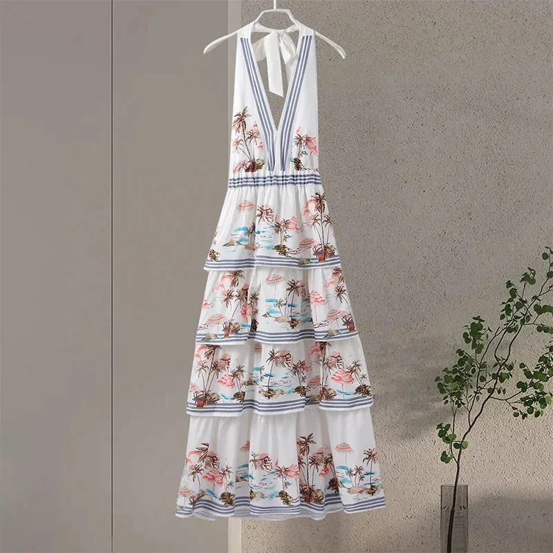 Backless Maxi Dress with Tiered Ruffles for Summer Nuptials
