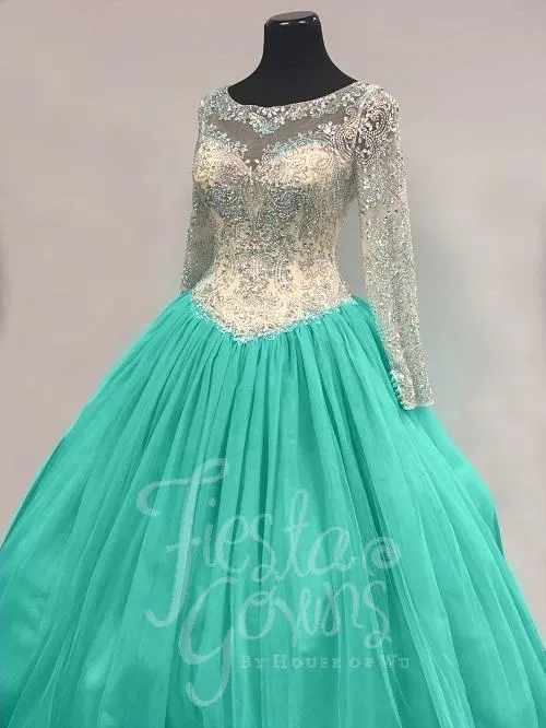 Beaded Long-Sleeve Quinceanera Dress by Fiesta Gowns 56347