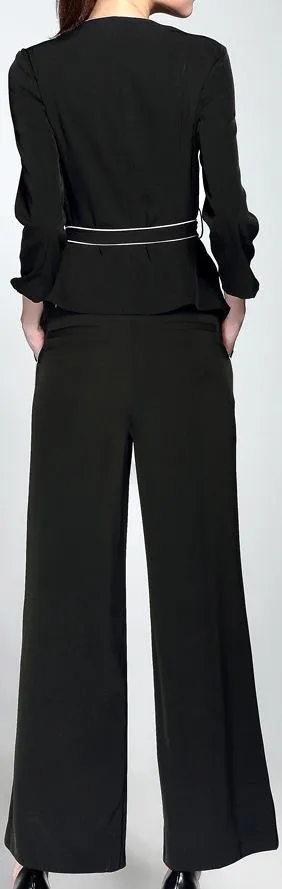 Belted Black Blazer with Contrast Piping and Wide-Leg Pant Set