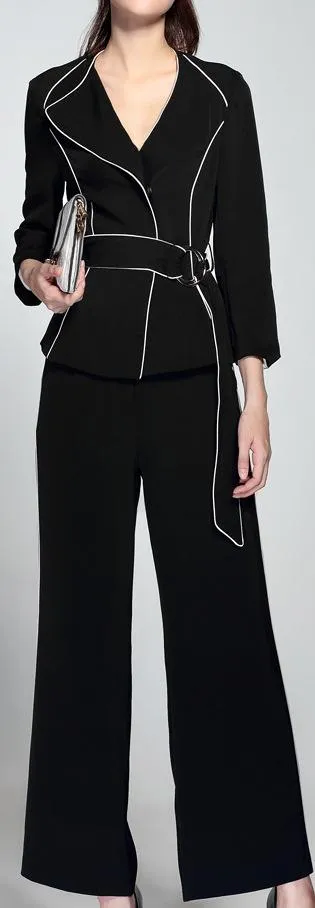Belted Black Blazer with Contrast Piping and Wide-Leg Pant Set