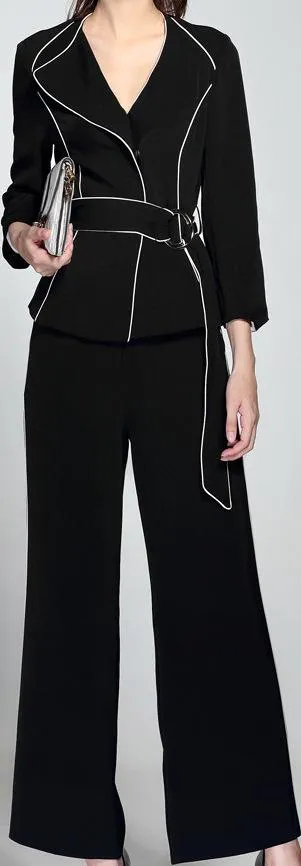 Belted Black Blazer with Contrast Piping and Wide-Leg Pant Set