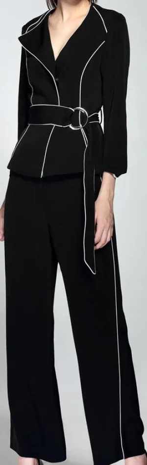 Belted Black Blazer with Contrast Piping and Wide-Leg Pant Set