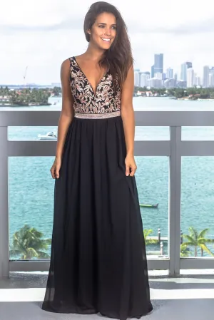 Black Embroidered V-Neck Maxi Dress with Jewel Detail