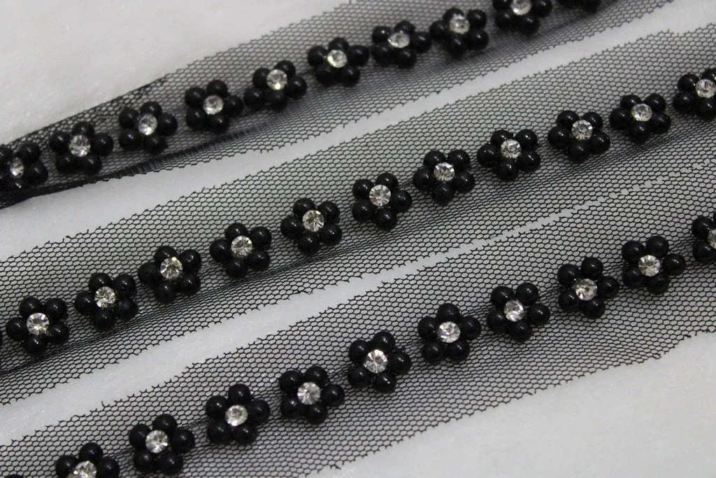 Black Floral Handwork Pearl Work Embroidered Border