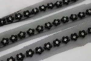 Black Floral Handwork Pearl Work Embroidered Border
