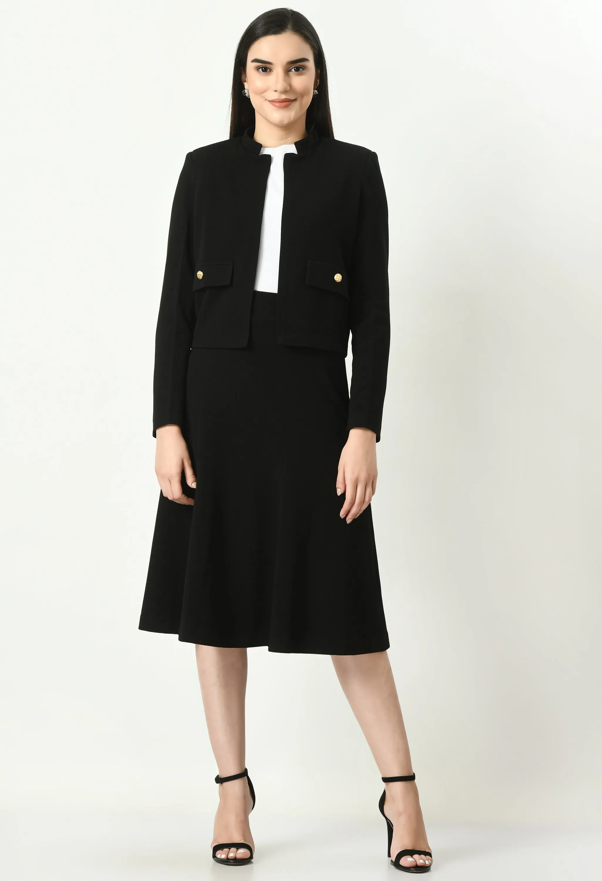 Black Mandarin Collar Blazer With Midi A-Line Skirt