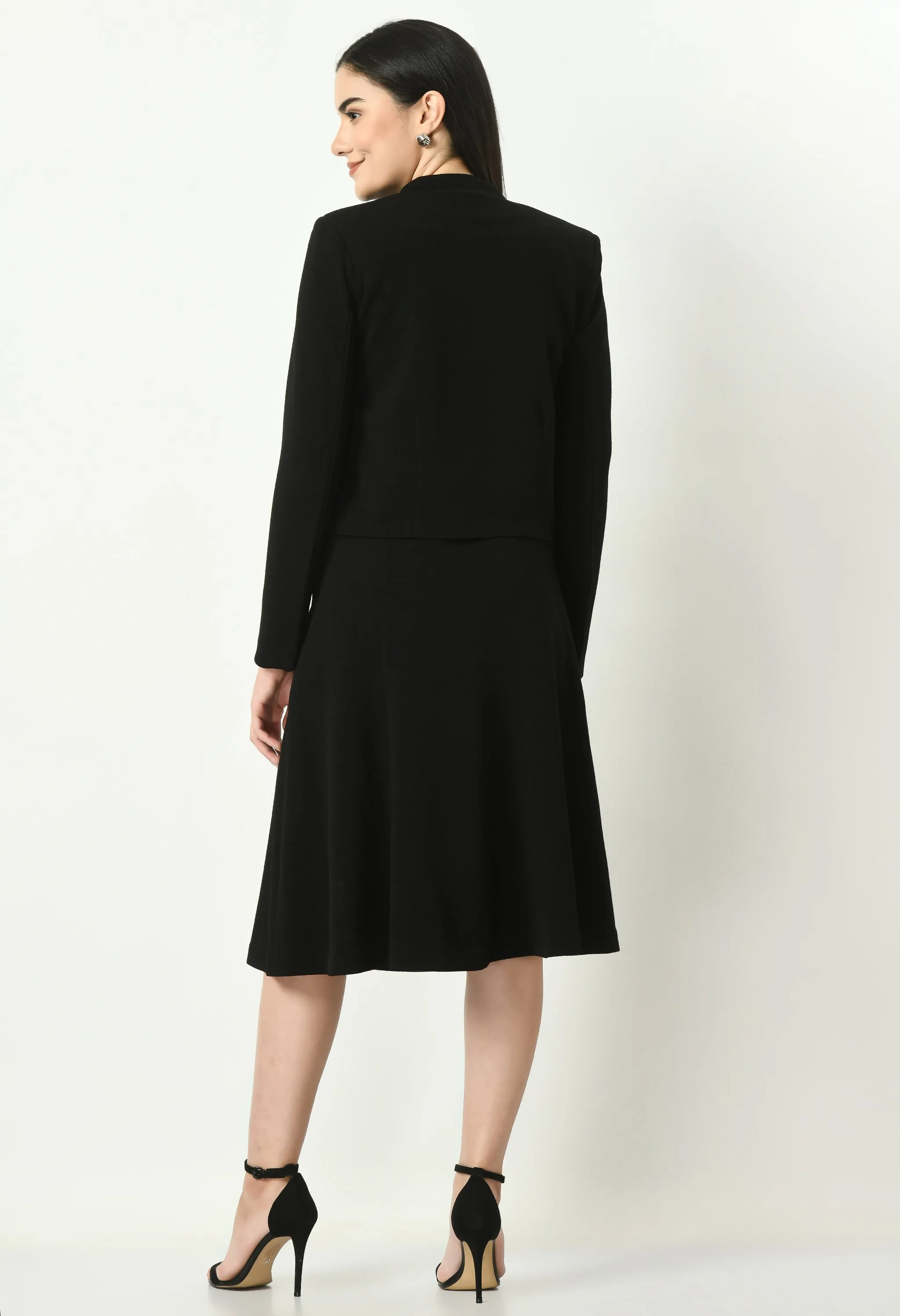 Black Mandarin Collar Blazer With Midi A-Line Skirt