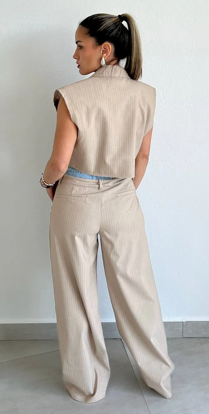 Bossy Lady Beige & Denim Blazer Two-Piece Set
