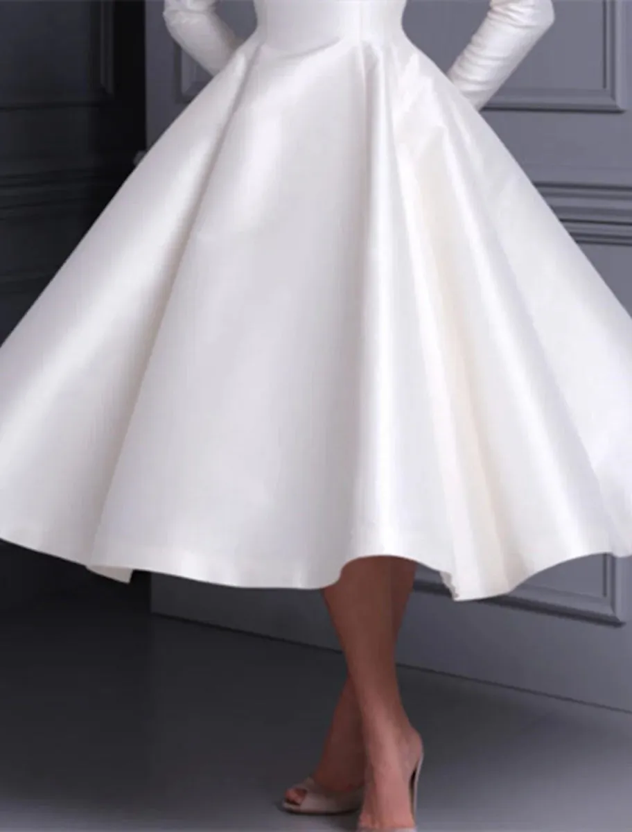 Bridal Shower Wedding Dresses Vintage 1940s / 1950s Little White Dresses A-Line Scoop Neck Long Sleeve Tea Length Satin Bridal Gowns With Solid Color Summer Fall Wedding Party