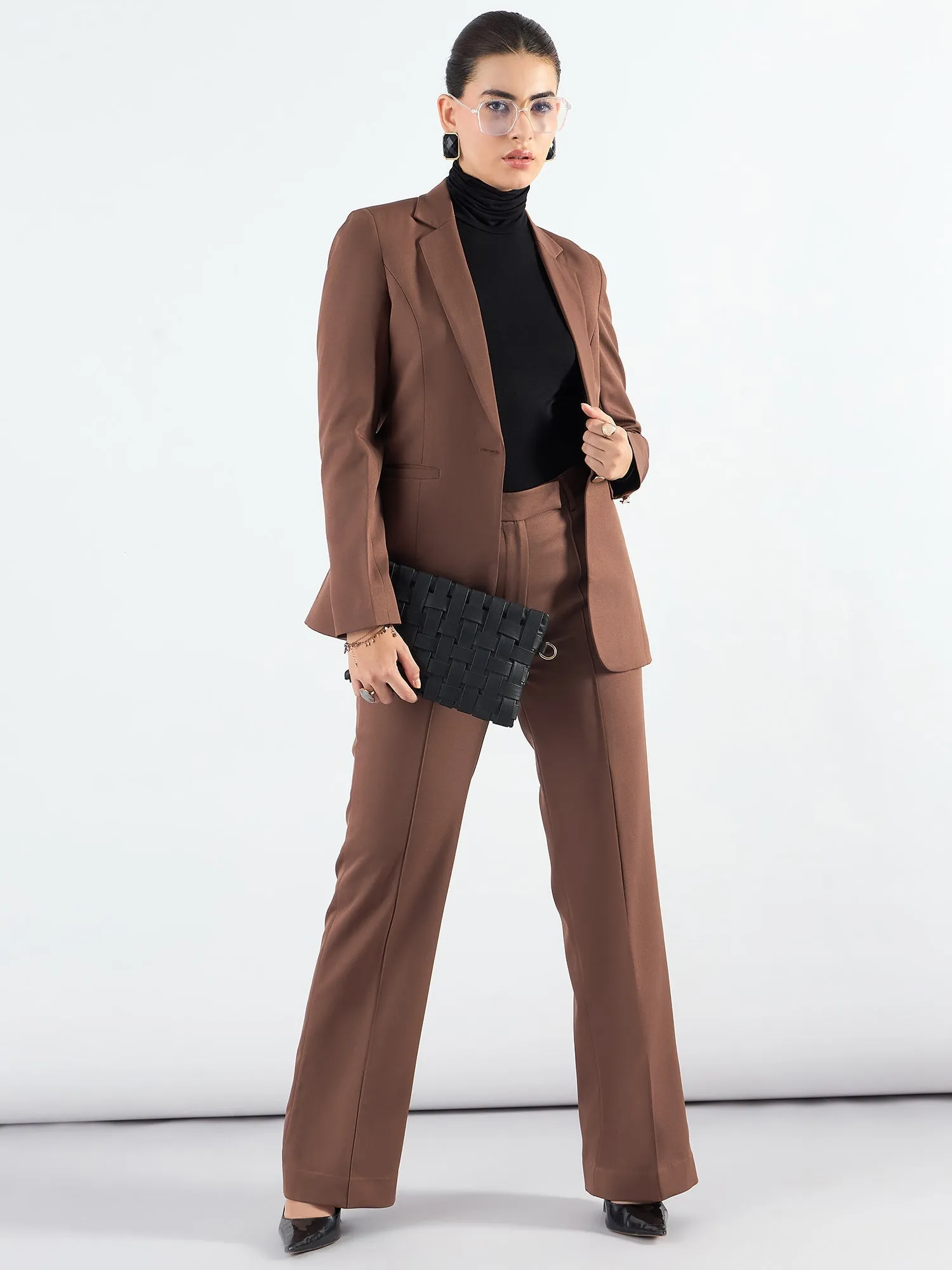Brown Poly Viscose Notched Lapel Blazer With High-Waist Trouser