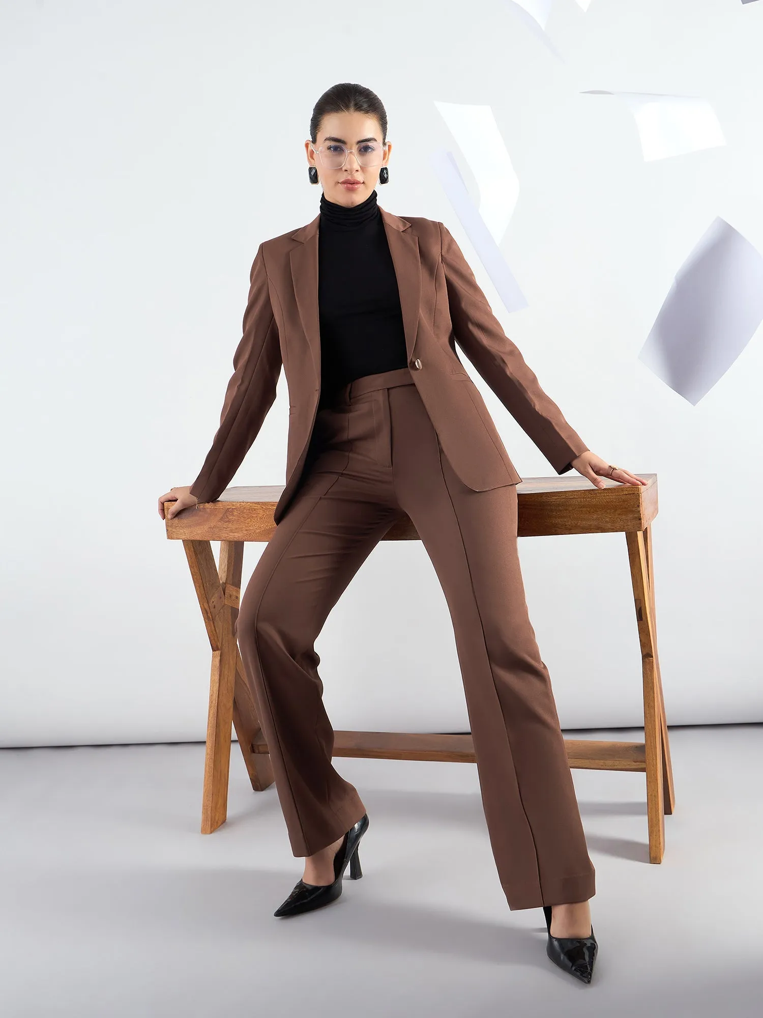 Brown Poly Viscose Notched Lapel Blazer With High-Waist Trouser