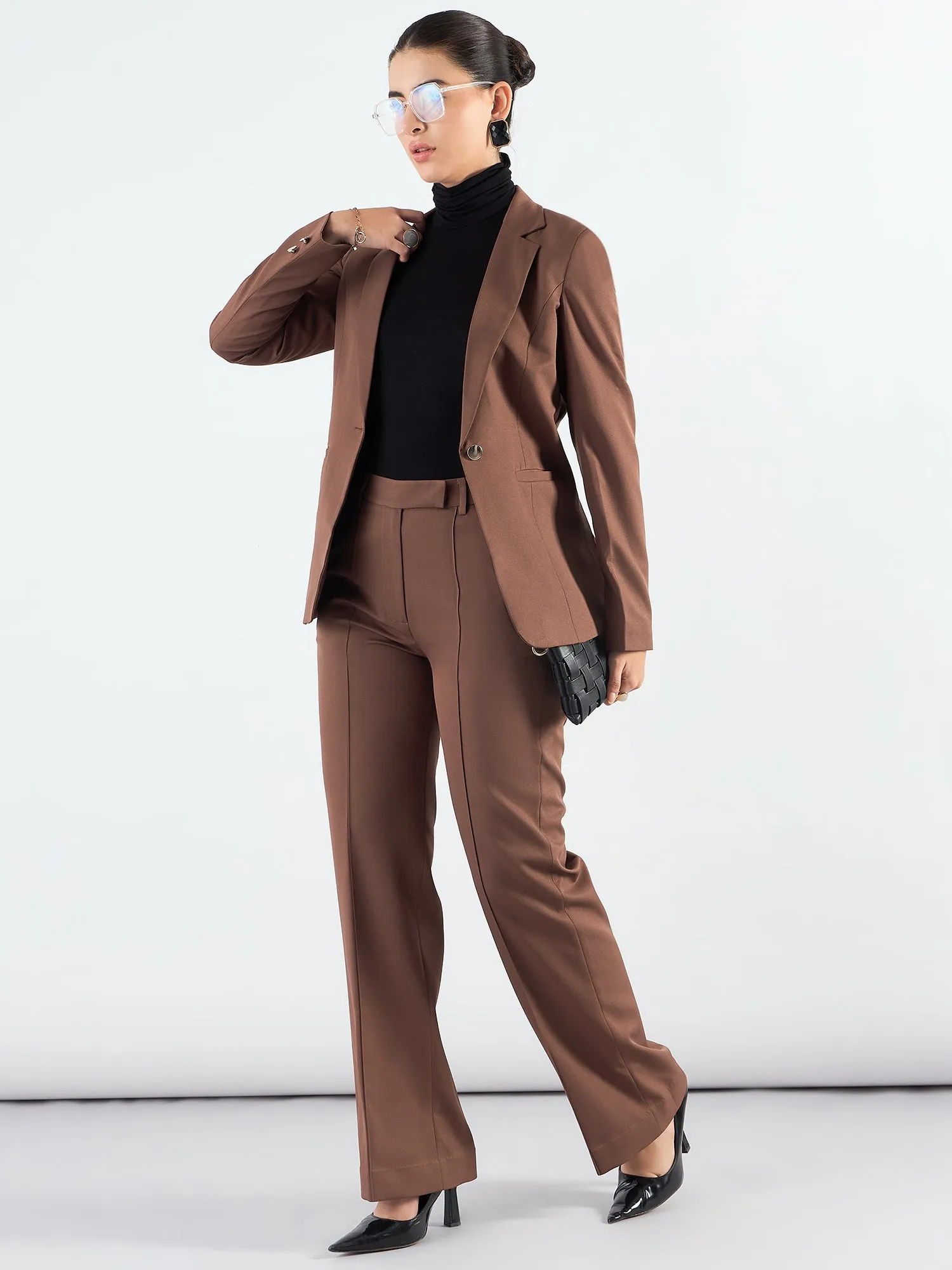 Brown Poly Viscose Notched Lapel Blazer With High-Waist Trouser