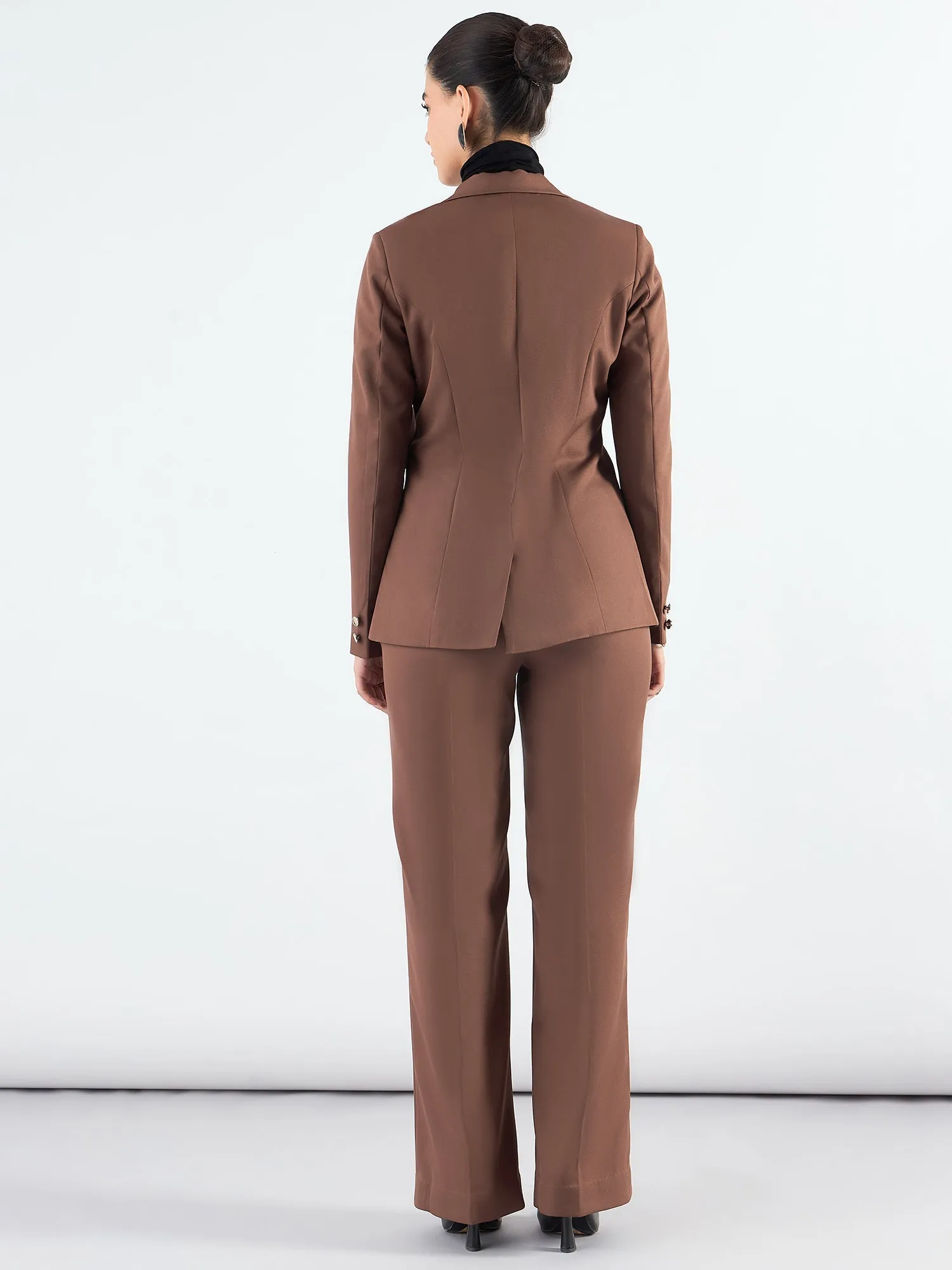 Brown Poly Viscose Notched Lapel Blazer With High-Waist Trouser