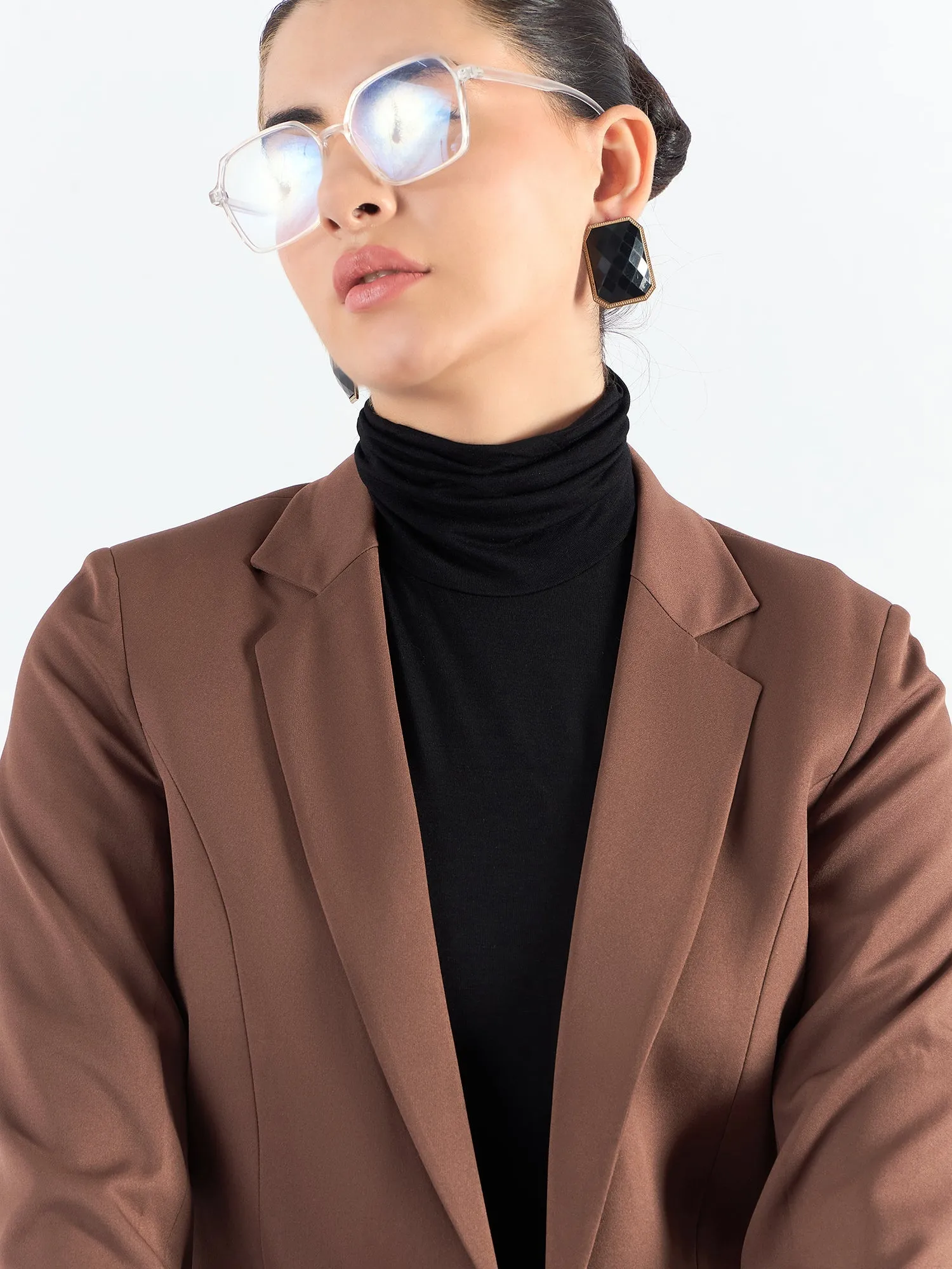 Brown Poly Viscose Notched Lapel Blazer With High-Waist Trouser