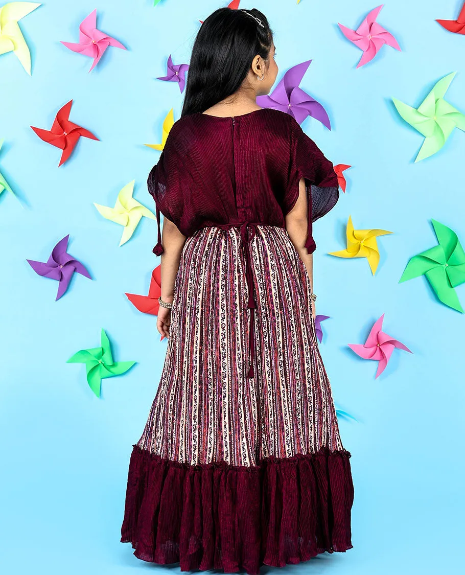 Burgundy intricately printed & embroidered butterfly sleeve chiffon gown