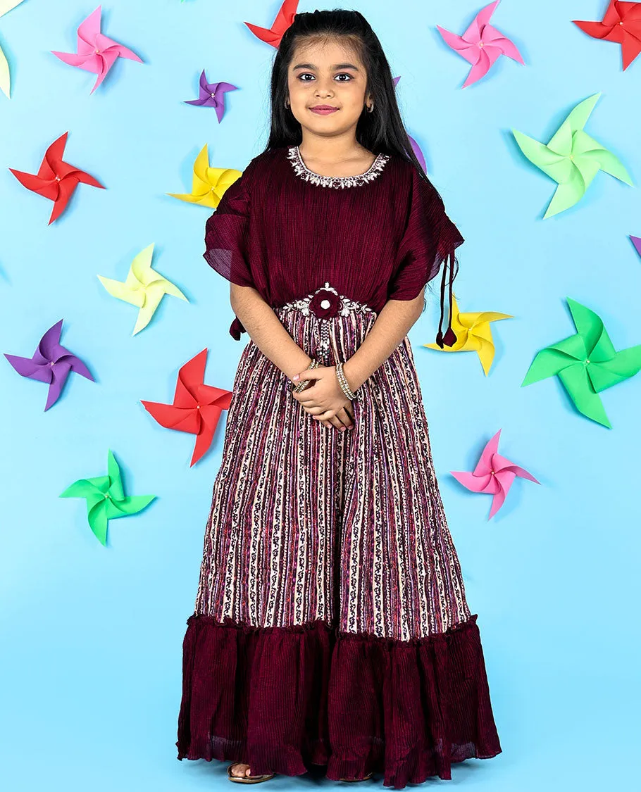 Burgundy intricately printed & embroidered butterfly sleeve chiffon gown