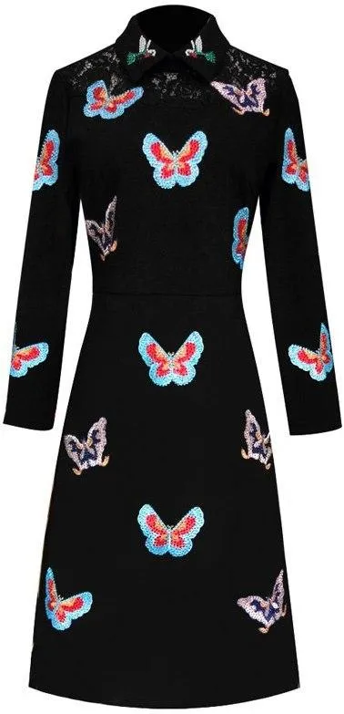 Butterfly-Embroidered Embellished Collar Dress