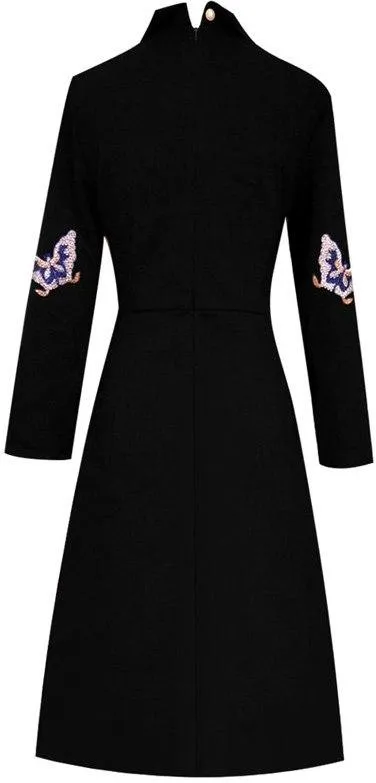 Butterfly-Embroidered Embellished Collar Dress