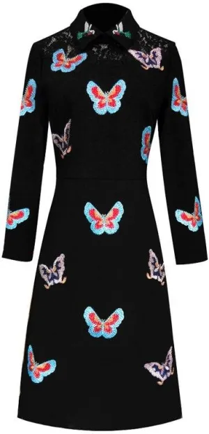 Butterfly-Embroidered Embellished Collar Dress