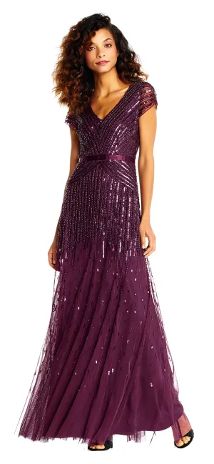 Cassis Women's Long Beaded V-Neck Dress with Cap Sleeves and Waistband - Adrianna Papell