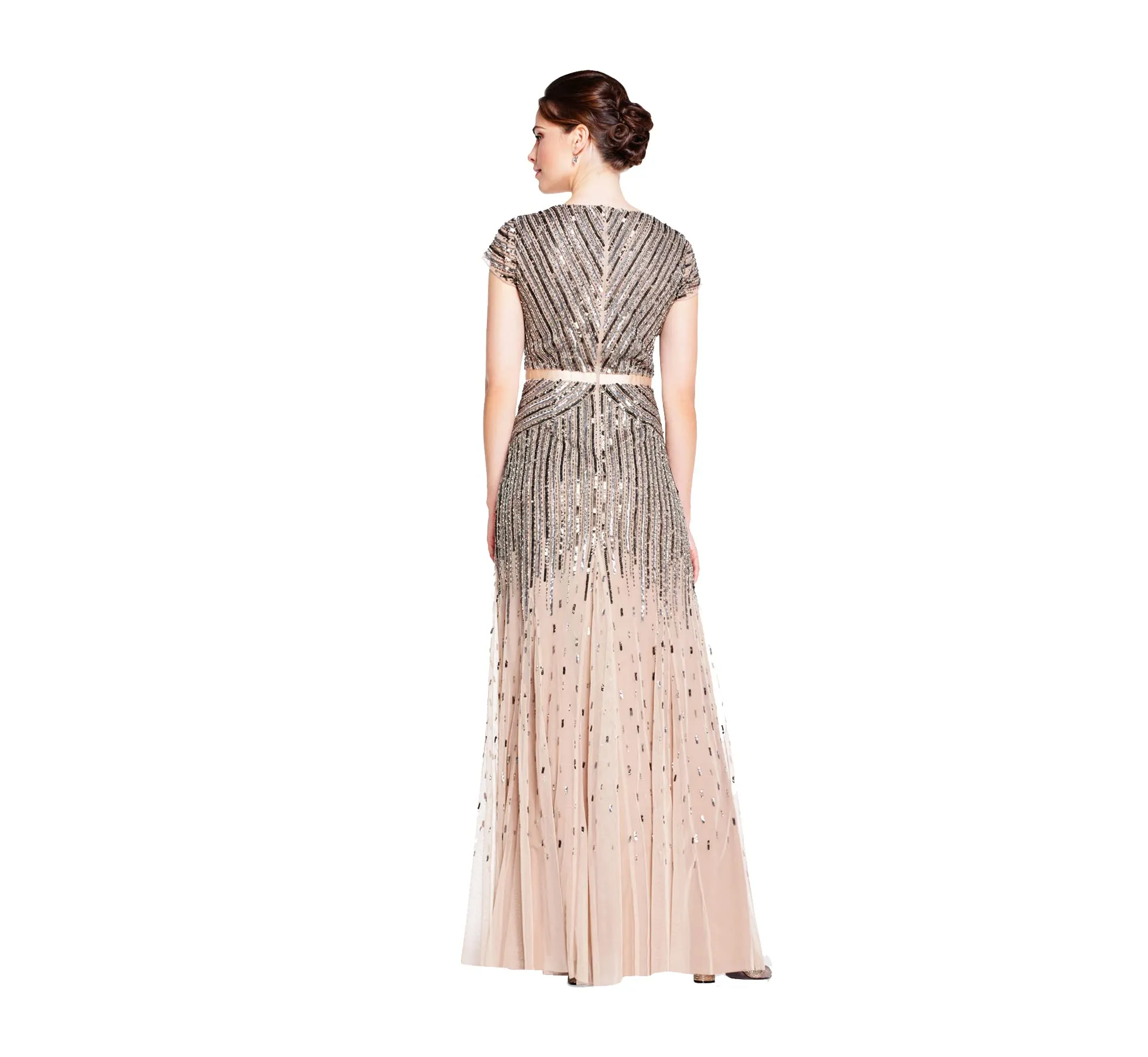 Cassis Women's Long Beaded V-Neck Dress with Cap Sleeves and Waistband - Adrianna Papell
