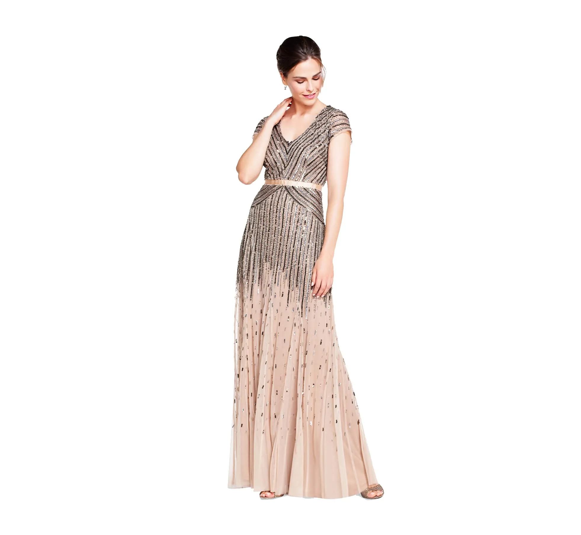 Cassis Women's Long Beaded V-Neck Dress with Cap Sleeves and Waistband - Adrianna Papell