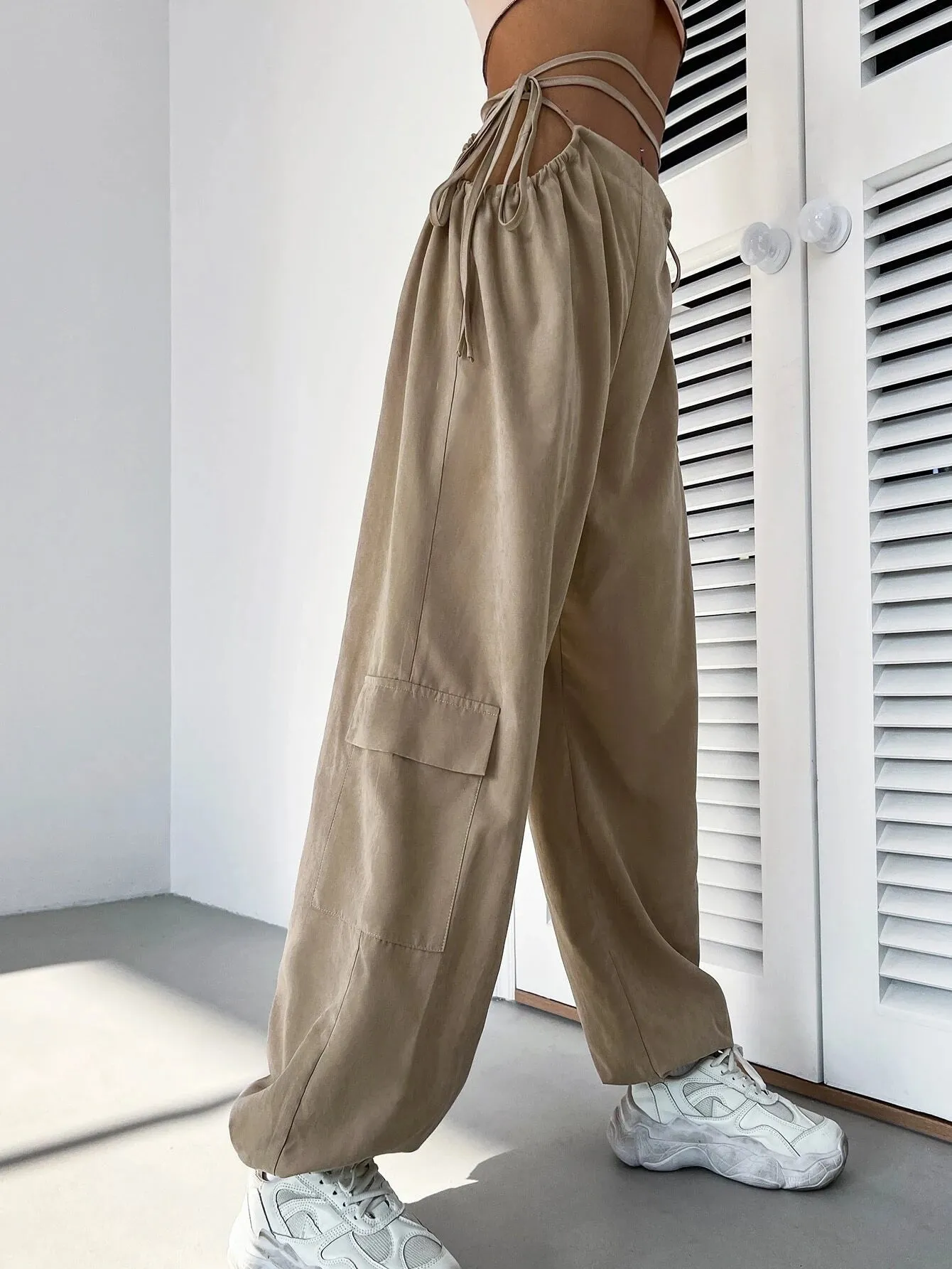 Casual Plain Drawstring Waist Cargo Pant