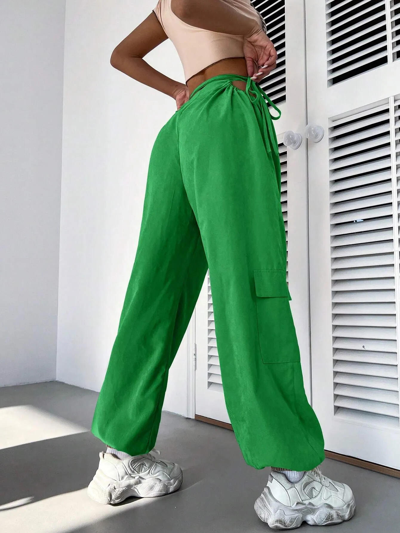 Casual Plain Drawstring Waist Cargo Pant