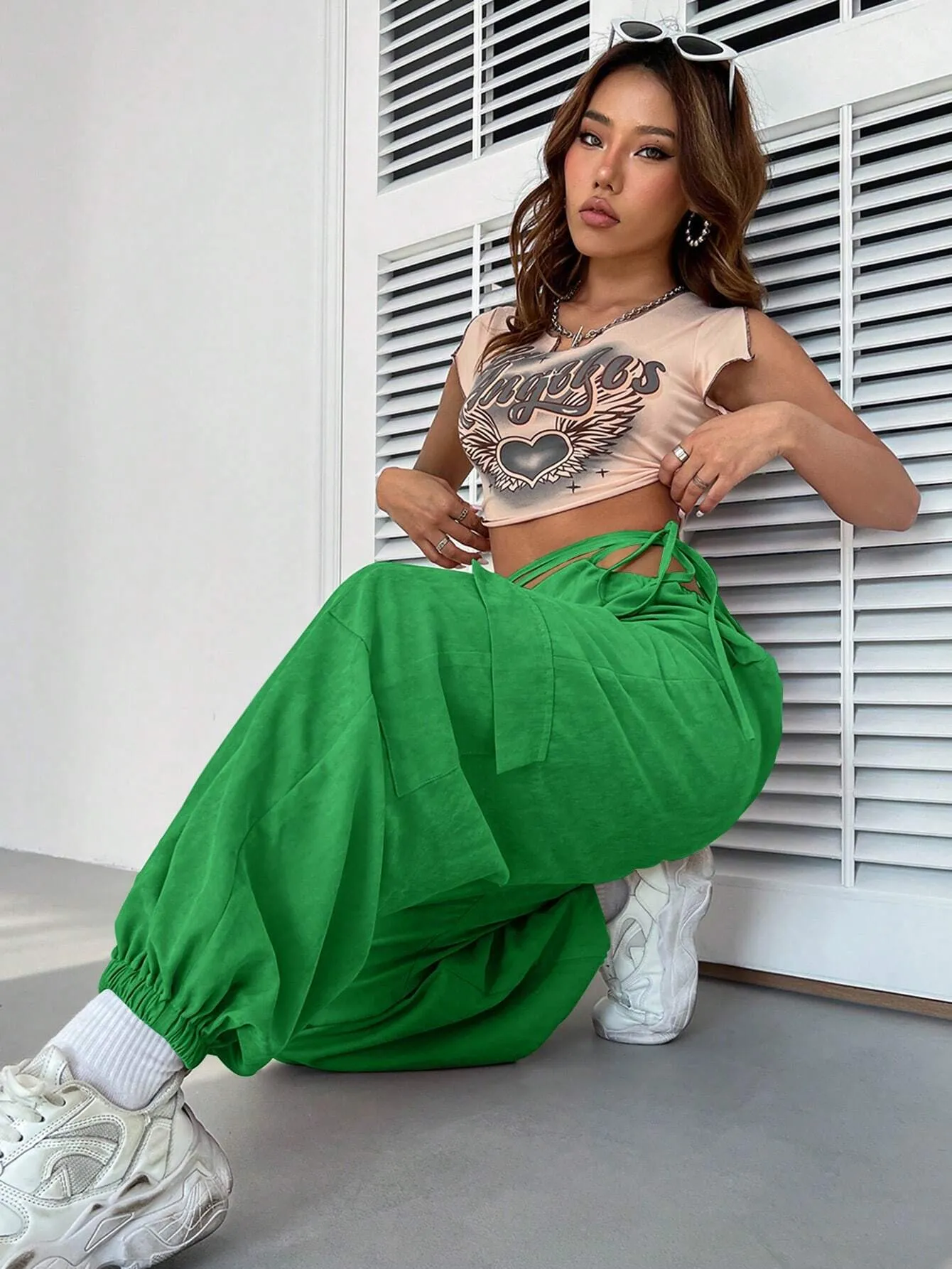 Casual Plain Drawstring Waist Cargo Pant