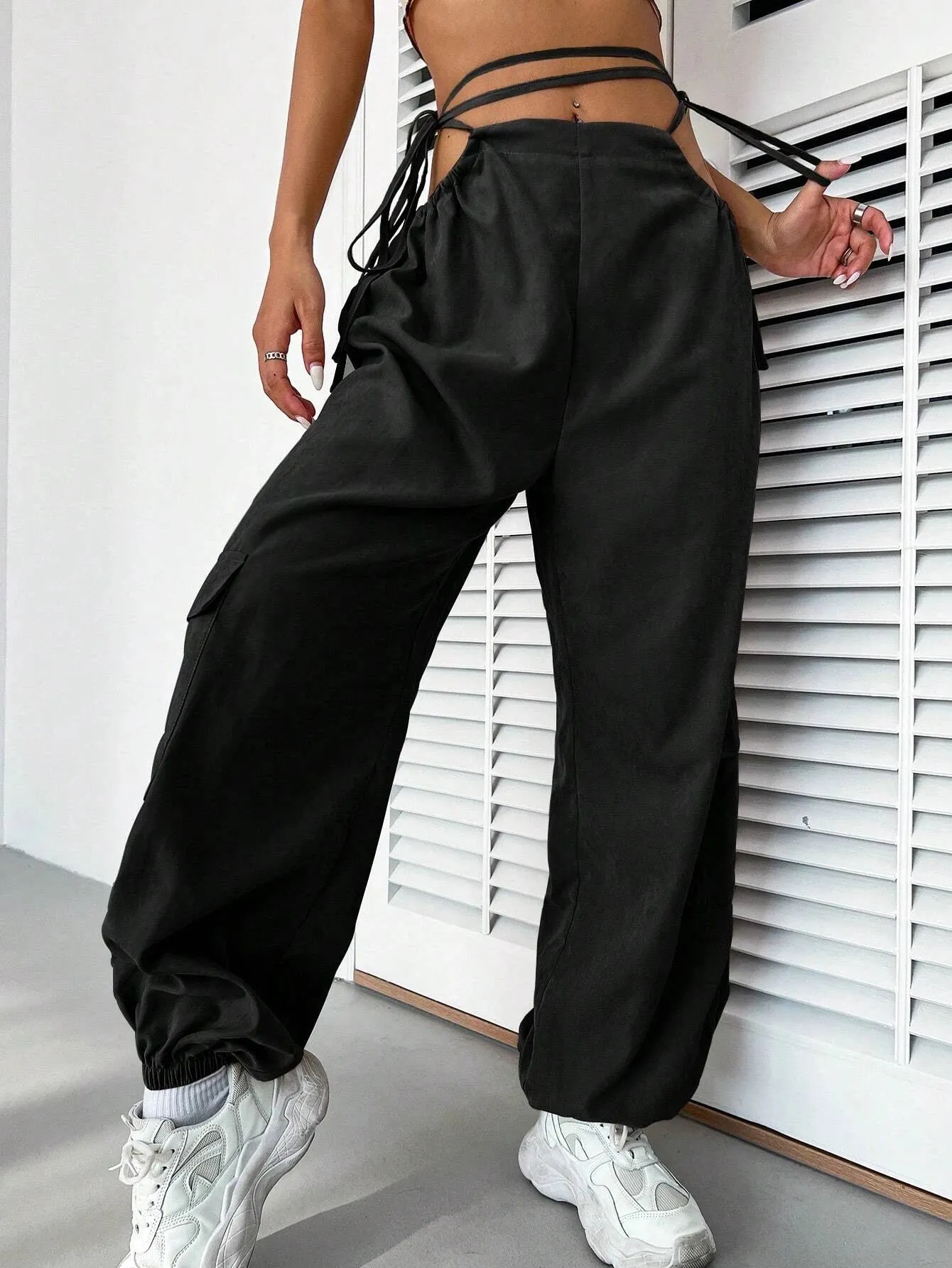 Casual Plain Drawstring Waist Cargo Pant