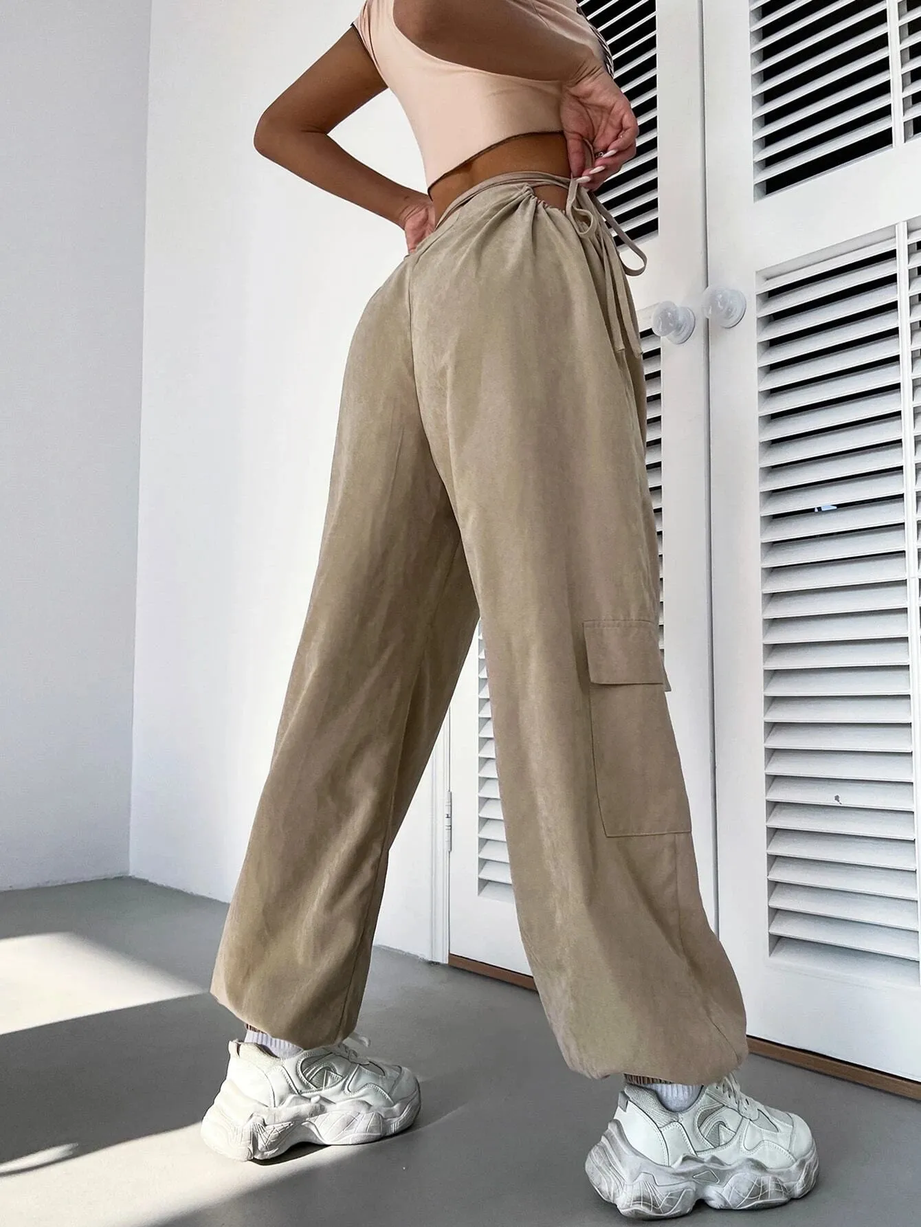 Casual Plain Drawstring Waist Cargo Pant