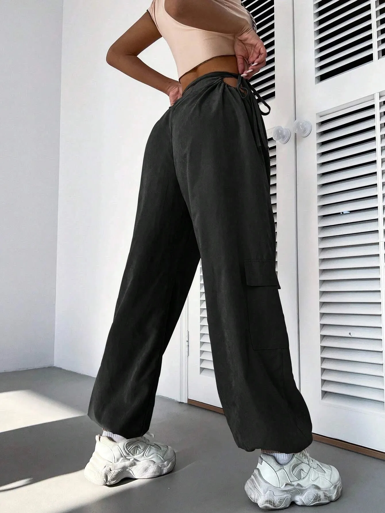 Casual Plain Drawstring Waist Cargo Pant