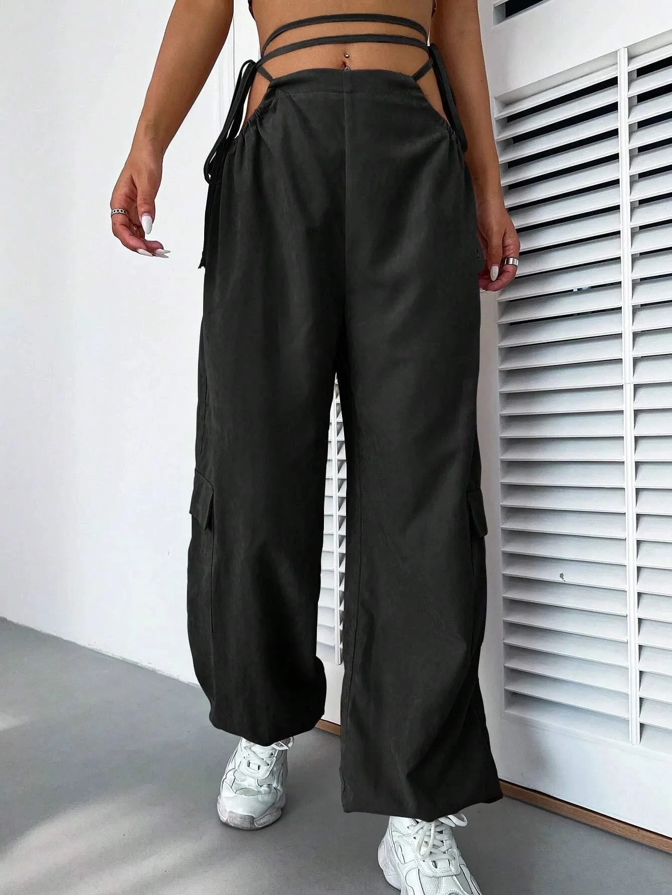 Casual Plain Drawstring Waist Cargo Pant