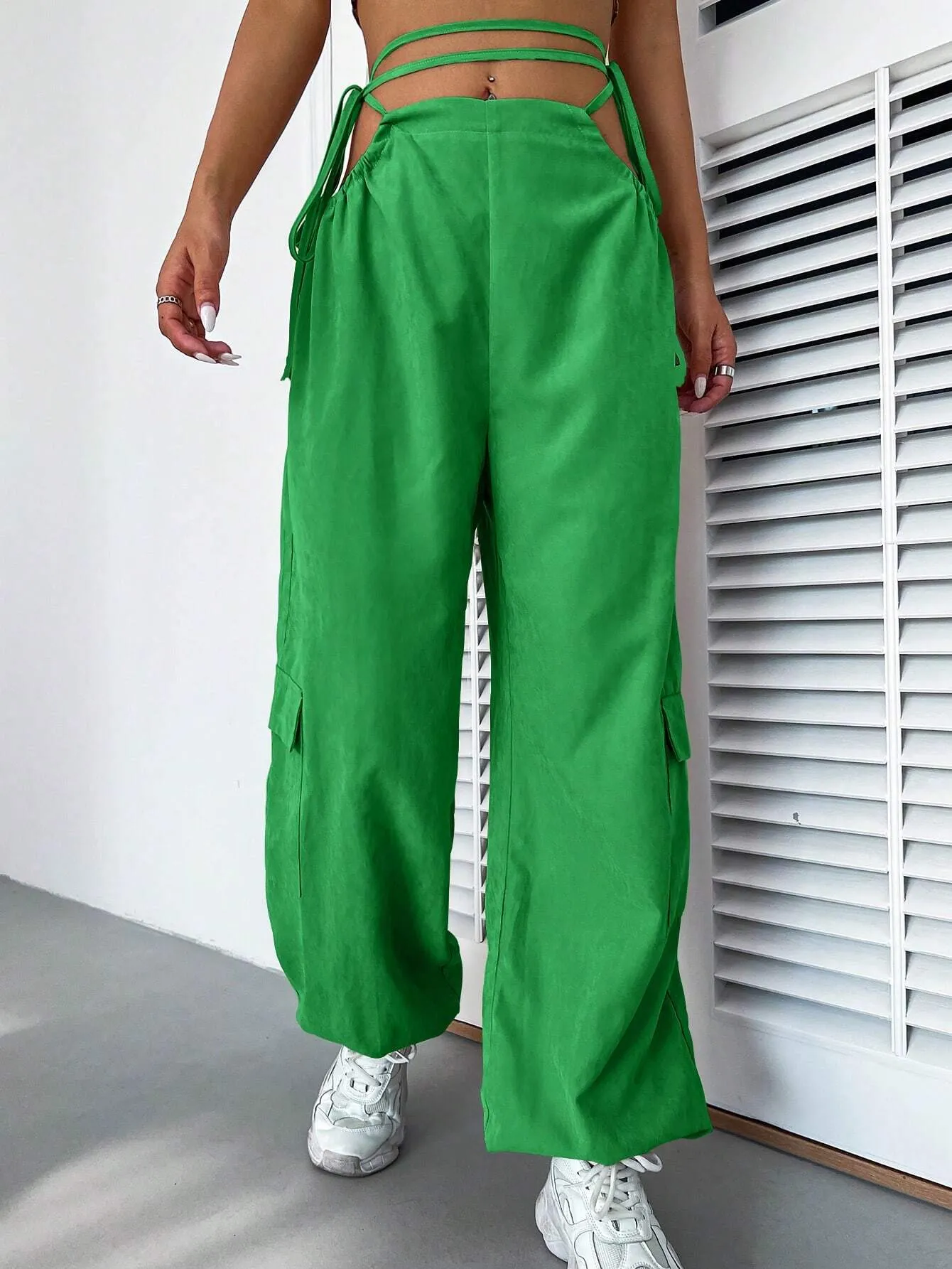 Casual Plain Drawstring Waist Cargo Pant