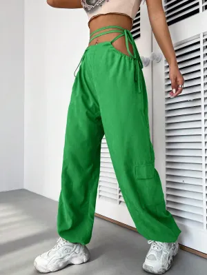 Casual Plain Drawstring Waist Cargo Pant