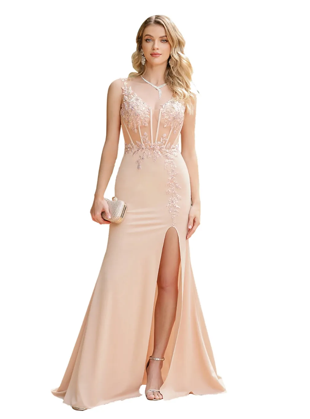 Charming Long Mermaid Sleeveless V-Neck Floor Length Prom Dress with Slit